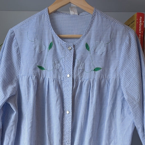 Vintage Other - Vintage Nightgown Maxi Blue Gingham Flowers Embroidered Snap Buttondown Medium